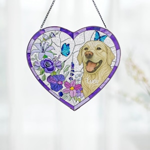 Floral Custom Pet Portrait Stained Glass Suncatcher Dog Cat Glass Art Heart Dog Pet Memorial Gift, Dog Cat Loss Gift, Pet Sympathy Gift