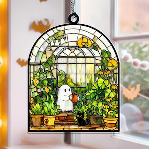 Cute Ghost at Greenhouse ACRYLIC Window Hanging Suncatcher Decor, Cute Ghost and Black cat Suncatcher,Cute Ghost Hanging Ornament Home Decor