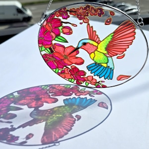 Hand Painted Hummingbird Suncatcher, Personalized Flower Light Catcher, Stained Glass Style Window Hanging, Floral Gift for Nature Lovers