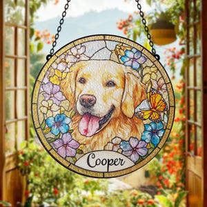 Personalized Stained Glass Dog Suncatcher with Flowers and Butterfly Custom Pet Memorial Window Hanging for Dog Lovers Home Decor